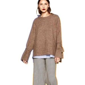 Zara Women's Oversized Boho Knit Hi Low Tie Sleeve Sweater Small